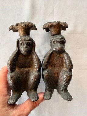 Vintage Cast Iron Monkey Candle Holders Hear & Speak No Evil